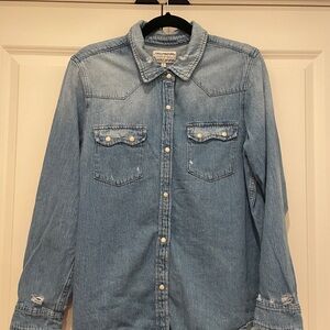 Lucky Brand x Yellowstone Light Wash Distressed Denim Shirt with Pearl Snaps